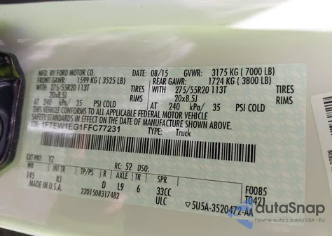 2015 Ford F-150 King Ranch z USA, uszkodzony, nr VIN 1FTEW1EG1FFC77231